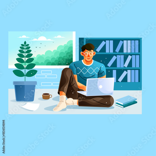 businessman with laptop beautiful winter background.