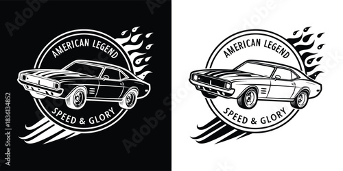 American legend car with flames and speed and glory text illustration