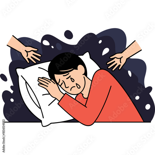 Distressed Person Crying in Bed Surrounded by Dark Shadows and Reaching Hands Symbolizing Anxiety and Depression Against a Black Background