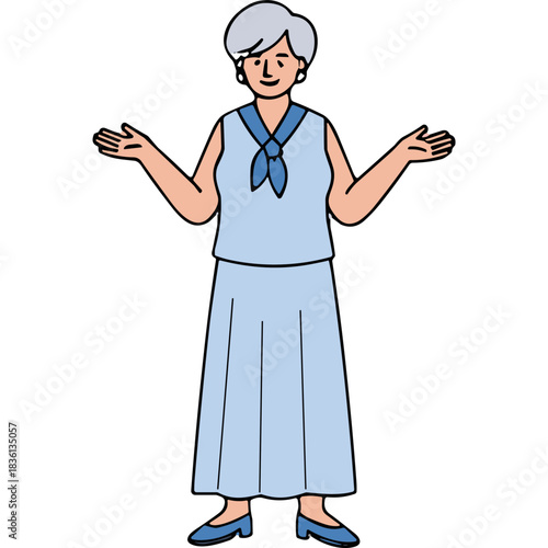Elderly Woman With Short Gray Hair Wearing A Light Blue Sleeveless Top And Matching Skirt With A Blue Scarf Around Her Neck And Blue Shoes Posing With Arms Outstretched Against A White Background