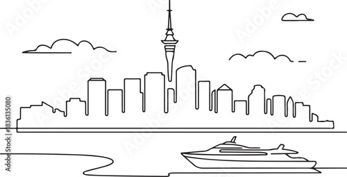 Continuous line illustration of the Auckland skyline viewed from the ferry terminal in a minimal elegant outline drawing