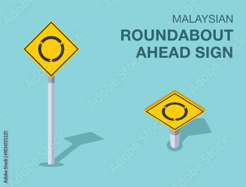 Traffic regulation rules. Isolated Malaysian "roundabout ahead" road sign. Front and top view. Flat vector illustration template.