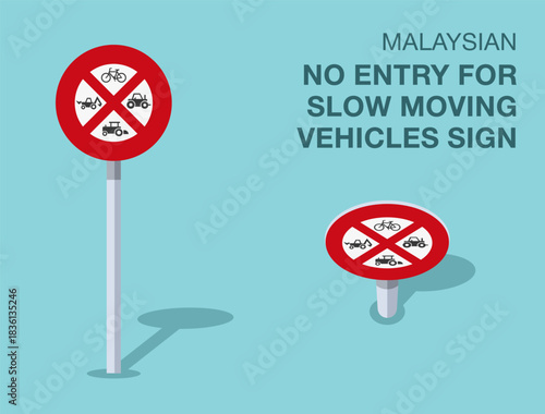Traffic regulation rules. Isolated Malaysian "no entry for slow moving vehicles" road sign. Front and top view. Flat vector illustration template.