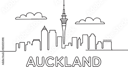 Continuous line illustration of the Auckland skyline with the Sky Tower in a minimal elegant outline drawing