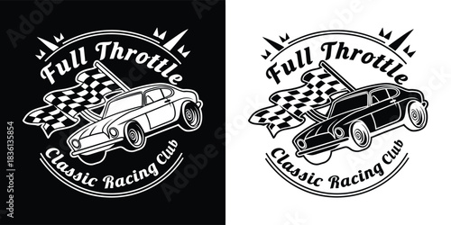 Retro classic car with checkered flags and text full throttle classic racing club in vintage style