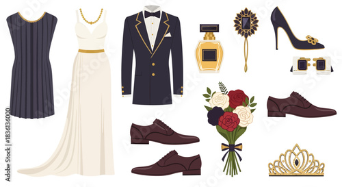 Wedding Attire and Accessories Set Featuring Dresses, Suit, Shoes, Bouquet, and Jewelry in Minimalist Style Flat Lay
