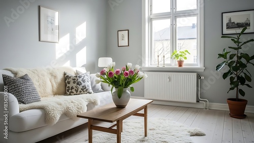 Bright scandinavian living room interior with white sofa, flowers, and large window