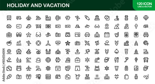 Holiday Vacation Line Icon Set – Modern Minimal Outline Icons for Travel, Beach, Summer, and Relaxation Themes