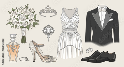 Wedding Accessories Set, Bridal and Groom Attire, Floral Bouquet and Jewelry, Illustration, Fashion Elements, Flat Lay View, Elegant Concept