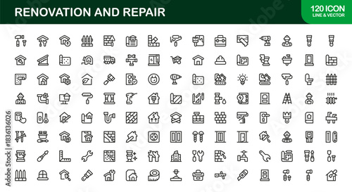 Professional Renovation Line Icon Set – Modern, minimal vector icons for home repair, construction, and tools in a clean outline collection.