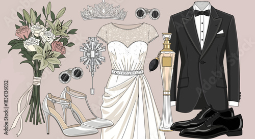 Wedding Attire Collection Featuring Bridal Gown, Tuxedo, Accessories, and Bouquet in Flat Lay Graphic Design
