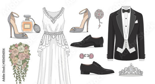 Wedding Attire Collection Featuring Bridal Dress, Groom's Tuxedo, Accessories, and Bouquet in Flat Lay Illustration Style