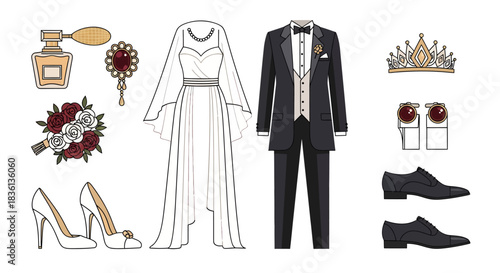 Wedding Attire Set Featuring Bride and Groom Clothing, Accessories, and Jewelry in Studio Illustration View