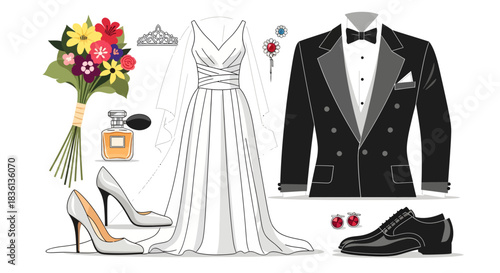 Wedding Attire and Accessories Display with Bridal Dress, Groom Tuxedo, Shoes, Bouquet, and Jewelry on White Background