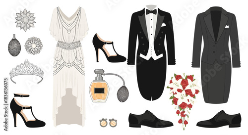 Elegant Formal Attire Collection Featuring Women's Dresses, Shoes, Accessories, and Men's Suits in Studio Flat Lay View