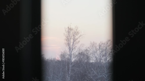 A view from the window of a light snowfall on a winter evening
