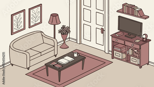 Cozy minimalist living room interior illustration with a sofa, coffee table, television, books, and decorative elements, depicting a comfortable domestic space in an isometric vector art style