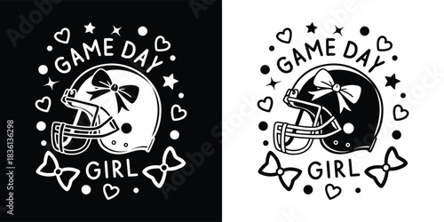 Football helmet with bow and hearts, game day girl text, black and white illustration