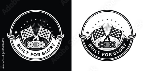 Vintage racing binoculars illustration with the phrase built for glory and checkered flags in a circular emblem, presented in black and white