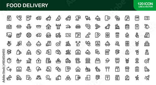 Food Delivery Line Icon Set – Professional Minimal Outline Icons for Apps, Websites, and Digital Services, Modern Vector Graphics Pack