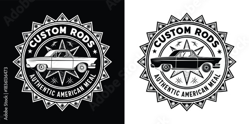 Vintage american custom hot rod car emblem, custom rods authentic american meal text