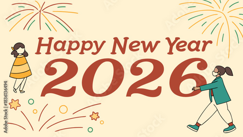 Happy new year 2026 festive celebration with diverse people, fireworks, and optimistic text on a light background, symbolizing new beginnings, hope, global well-being and health.