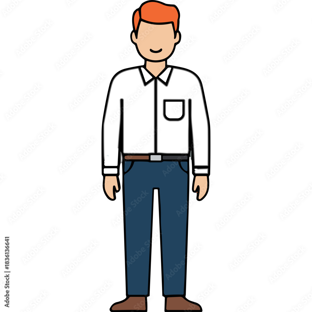 Obraz premium Full Body Portrait of a Man with Red Hair Wearing a Black Collared Shirt and Blue Jeans Standing Against a Black Background
