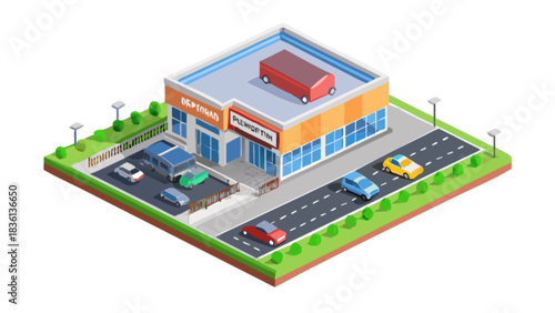 Isometric illustration of a modern retail building with a parking lot and road, featuring several stylized cars. depicts urban commerce and transportation infrastructure. a lively scene.