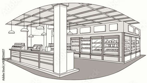 Monochrome vector illustration of an empty convenience store interior featuring a prominent checkout counter, fully stocked display shelves, refrigerators, and contemporary lighting design.