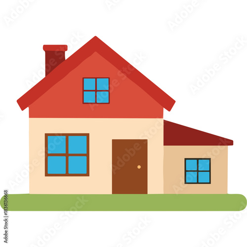Flat Design Illustration of a Two Story House with Red Roof and Beige Walls Featuring Simple Geometric Shapes and a Green Lawn Under a Clear Sky
