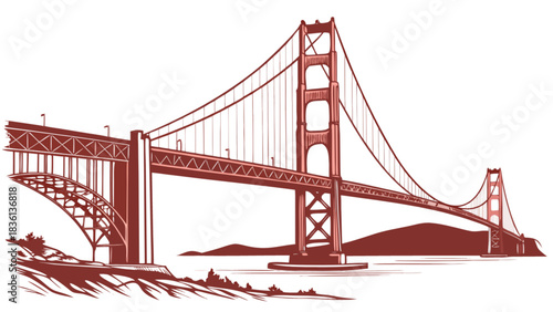 Golden gate bridge, an iconic san francisco landmark, depicted in a classic stylized illustration with elegant lines, representing travel, engineering marvel, and californian heritage today.