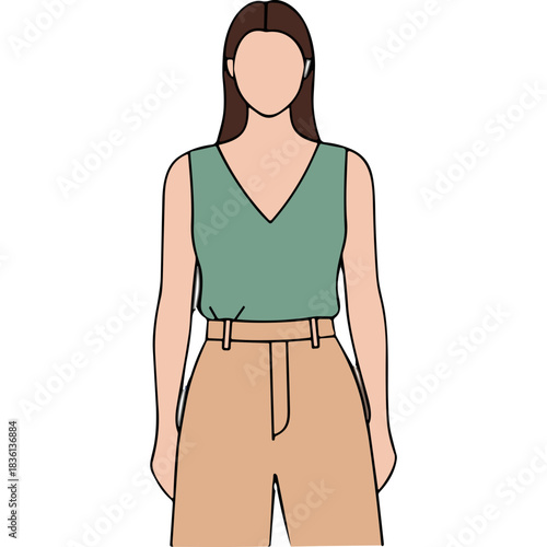 Full Body Fashion Illustration Of A Woman Wearing A Teal V Neck Tank Top And Tan High Waisted Pants Isolated On Black Background