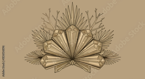 Abstract Geometric Fan Design with Ornamental Flourishes on Brown Background, Digital Illustration, Top View, Decorative Art Concept