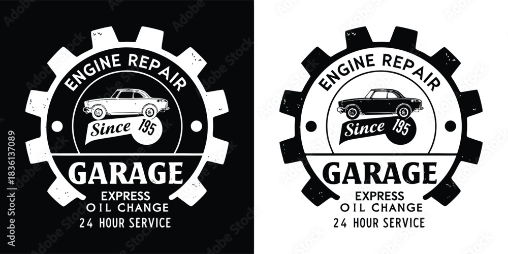 Fototapeta premium Engine repair garage logo with since 83 and 24 hour service, graphic design