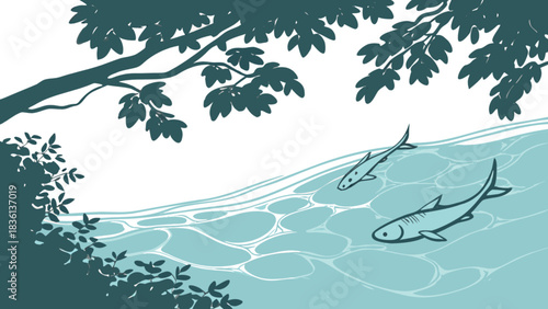 Serene river scene illustration with two swimming fish under overhanging tree branches and lush green foliage, depicting tranquil nature and aquatic life