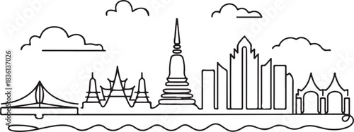 Continuous line illustration of the Bangkok skyline with a Chao Phraya River arc in a minimal elegant outline drawing