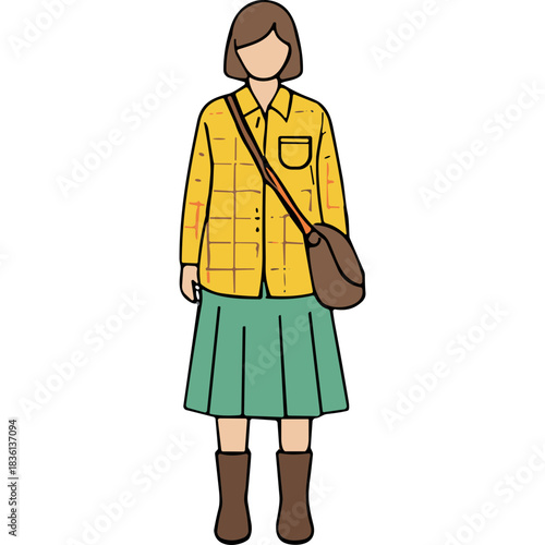 Full body illustration of a woman wearing a yellow plaid shirt green pleated skirt brown boots and a brown crossbody bag standing against a black background simple flat design style