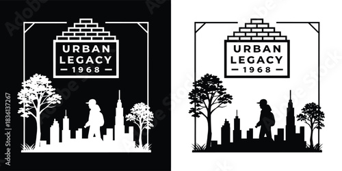 Urban legacy 1968 city skyline with trees and people silhouette emblem, vintage retro design