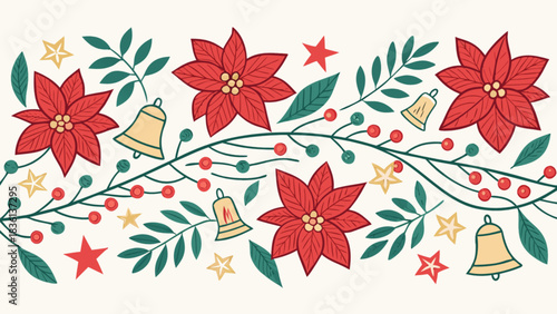 Festive hand-drawn christmas floral border featuring bright red poinsettias, classic golden bells, lush green foliage, red berries, and twinkling stars, ideal for holiday design template use.