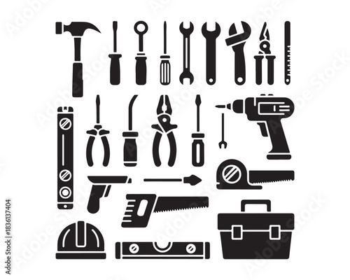 Construction and repair tools, hammer, wrench, screwdriver, hand saw, drill machine, toolbox black vector silhouettes illustration design set collection, construction tools silhouette, repair tools