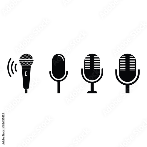 Collection of vintage and modern microphone icons representing sound and broadcasting