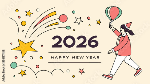 Happy new year 2026 celebration with a joyful character holding a colorful balloon amidst festive stars, confetti, and sparkling elements, conveying excitement and fresh beginnings