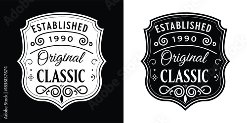 Shield emblem with text established 1990 original classic, vintage style, black and white