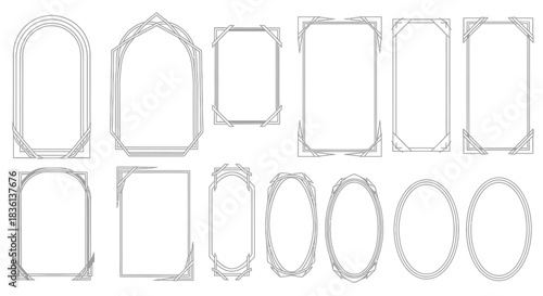 Collection of decorative vintage oval and rectangular frames with intricate floral and scroll designs isolated on white background in graphic illustration