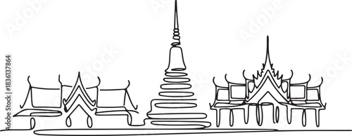 Continuous line illustration of the Bangkok skyline with a Chao Phraya River arc in a minimal elegant outline drawing