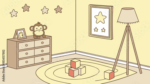 Charming nursery room illustration with a dresser, cute toy monkey, star wall decor, elegant floor lamp, round rug, and playful building blocks, creating a cozy child's space