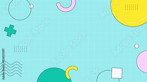 Playful Memphis geometric background with clean grid and empty copy space for text or titles. Ideal for intro, presentation, template, animation, kids theme, or creative visual projects.