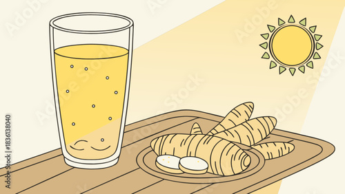 Refreshing ginger drink in a glass with fresh ginger roots on a wooden tray, bathed in sunlight, symbolizing natural health, wellness, and herbal remedies for vitality