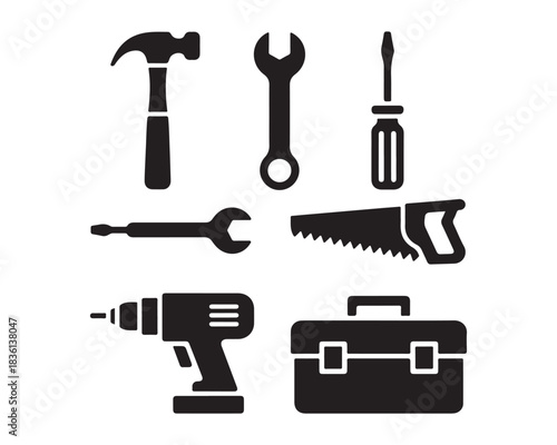 Construction and repair tools, hammer, wrench, screwdriver, hand saw, drill machine, toolbox black vector silhouettes illustration design set collection, construction tools silhouette, repair tools
