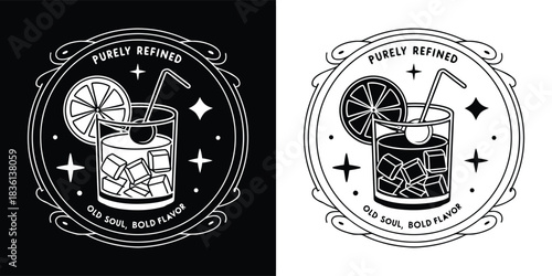 A black and white illustration of a cocktail with ice, a slice of lemon, and a straw, set within a circular emblem with stars and text